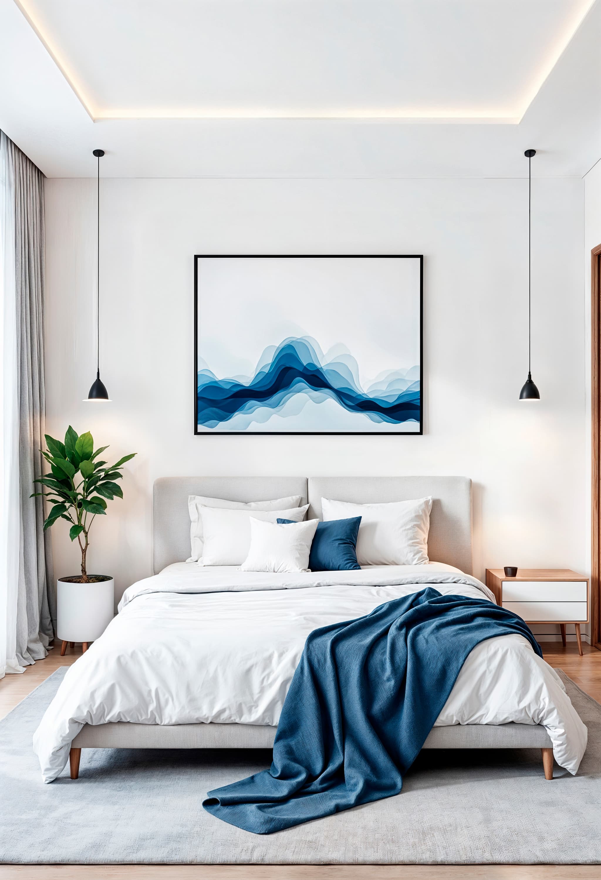 A styled bedroom dressed in soft bed linen