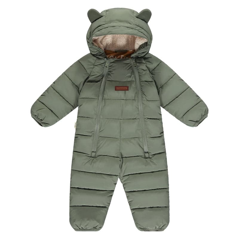 A sage quilted baby onesie with bear-ear hood