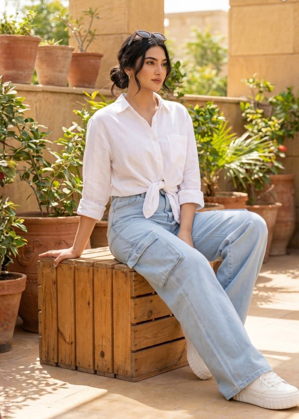 Female model in light-blue wide-leg cargo jeans