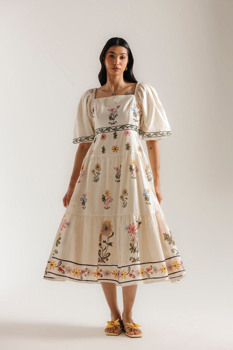 Ivory floral-embroidered midi dress