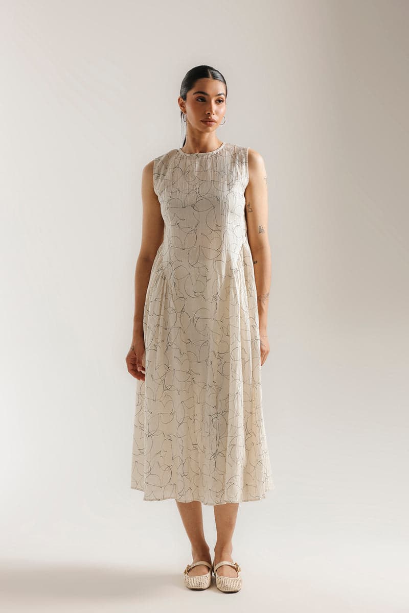 Ivory line-print midi dress