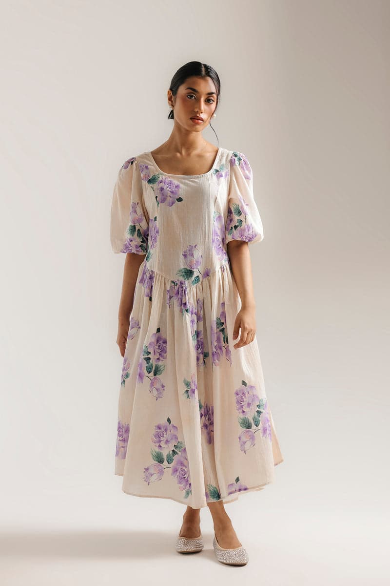 Cream lilac-floral midi dress