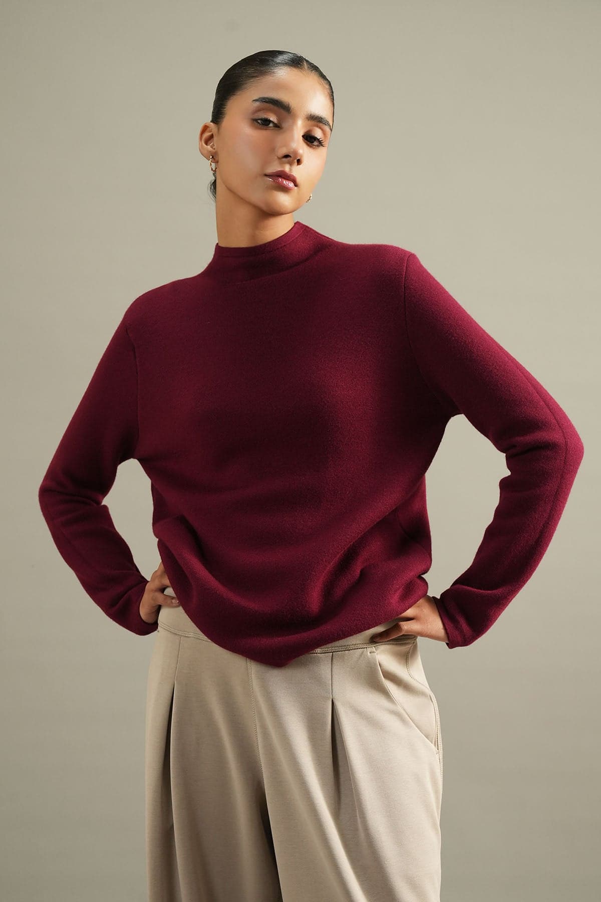 Burgundy mock-neck knit sweater