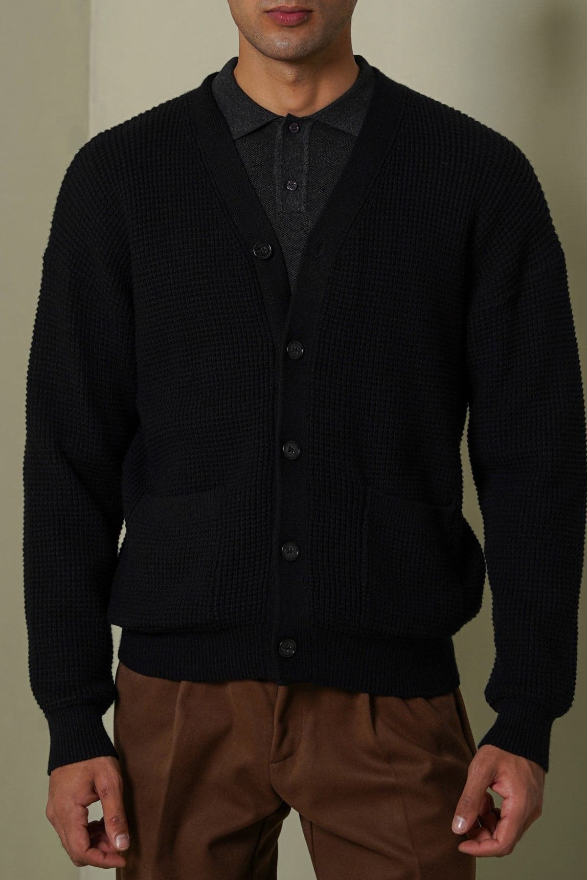 Black waffle-knit cardigan