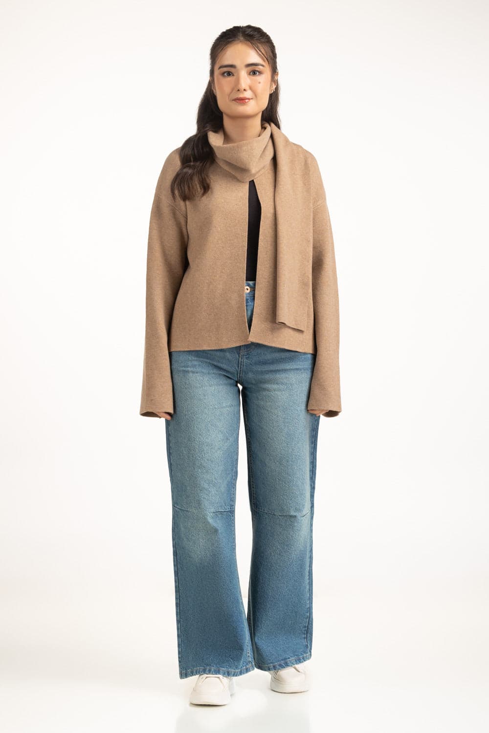 Brown relaxed-fit knit sweater with scarf
