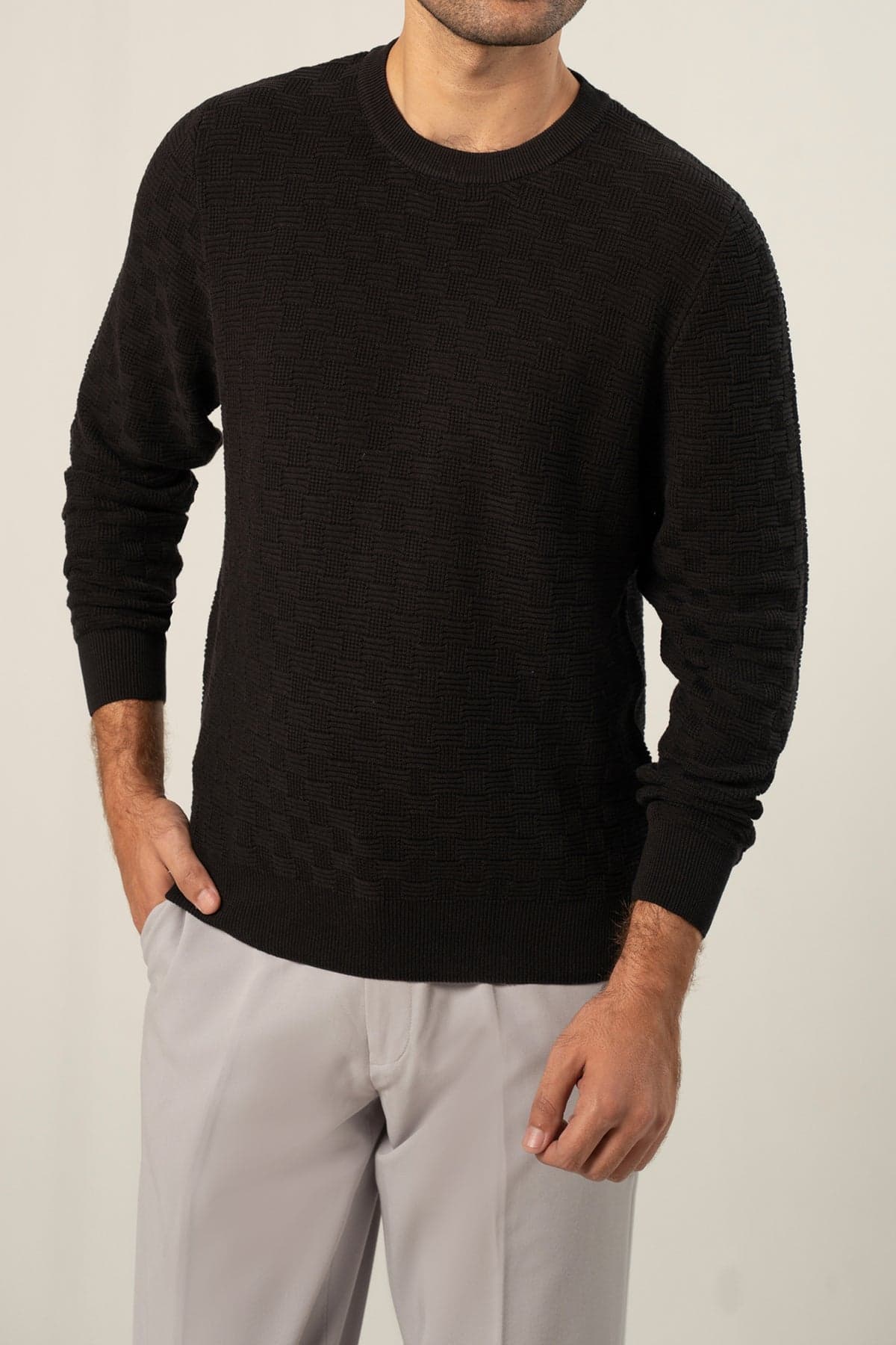 Black basketweave-texture cotton sweater