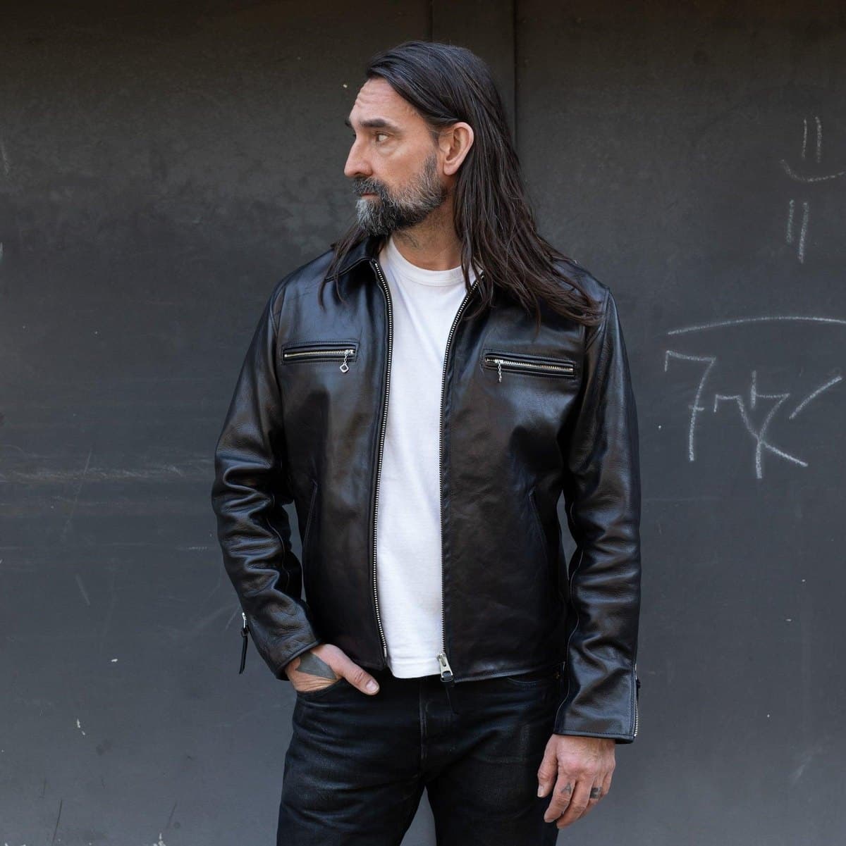 Model in a black horsehide riders jacket