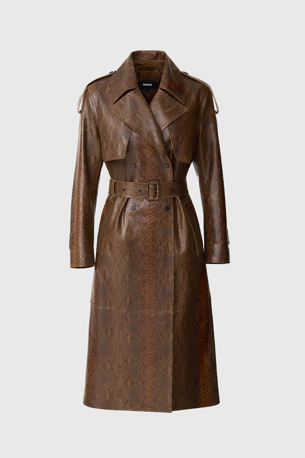 Brown snake-effect leather trench coat