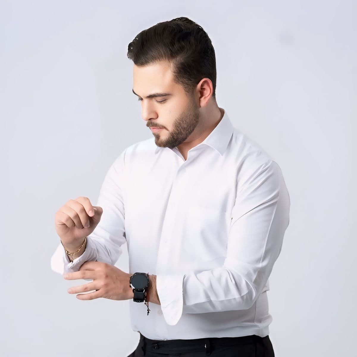 Man in a tailored white dress shirt