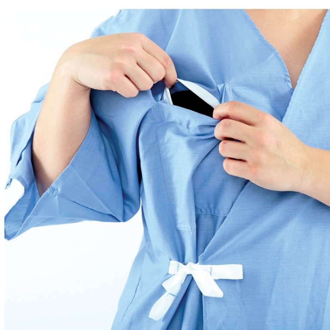 A soft blue patient gown with a front tie