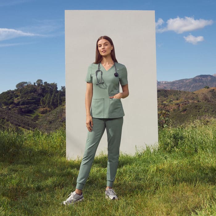 Sage four-pocket scrub top