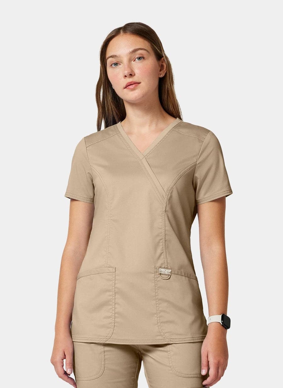 Khaki mock-wrap scrub top