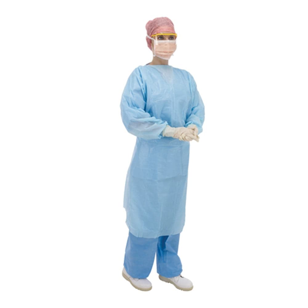 A blue fluid-protection surgical gown
