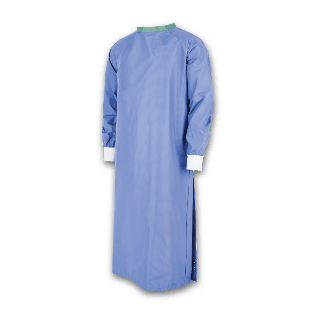 A reusable blue surgical gown