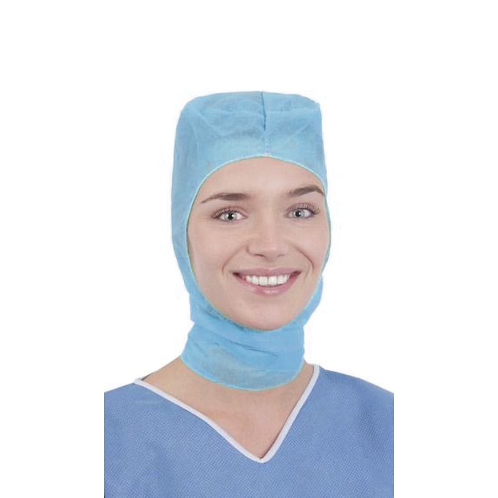 A blue spunbond surgeon's hood