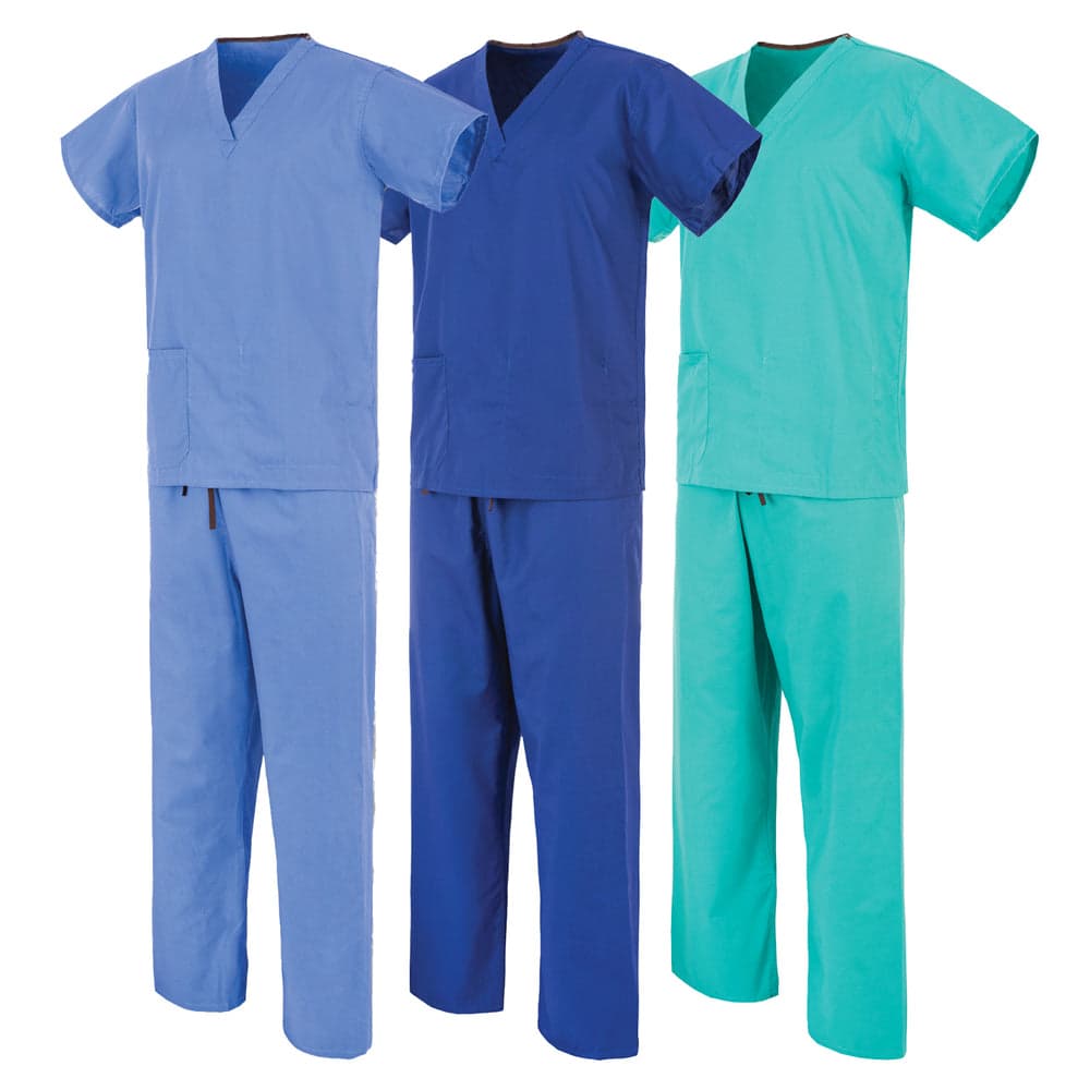 Reusable theatre scrubs in blue and green