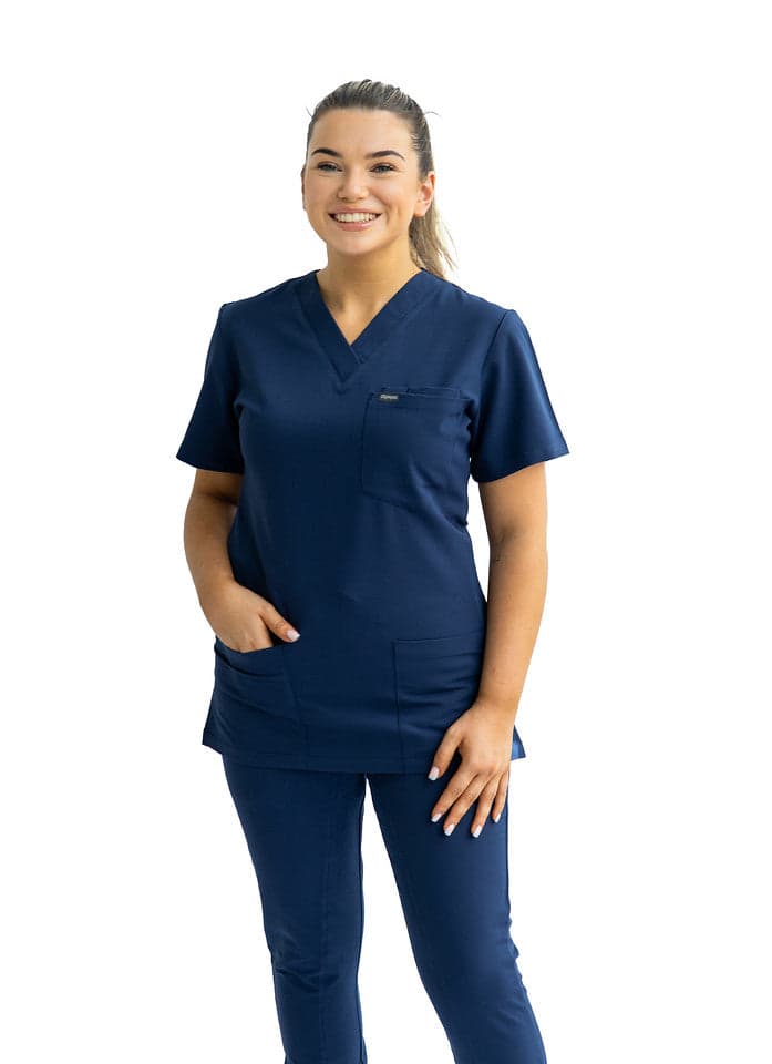 A navy ladies theatre scrub top