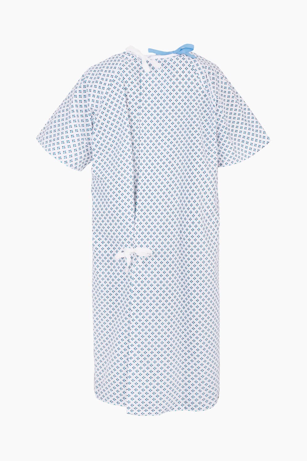 A blue patterned patient examination gown