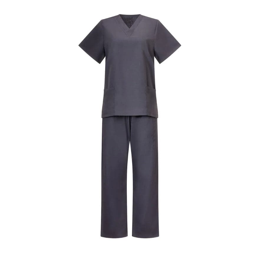 A grey theatre scrub set