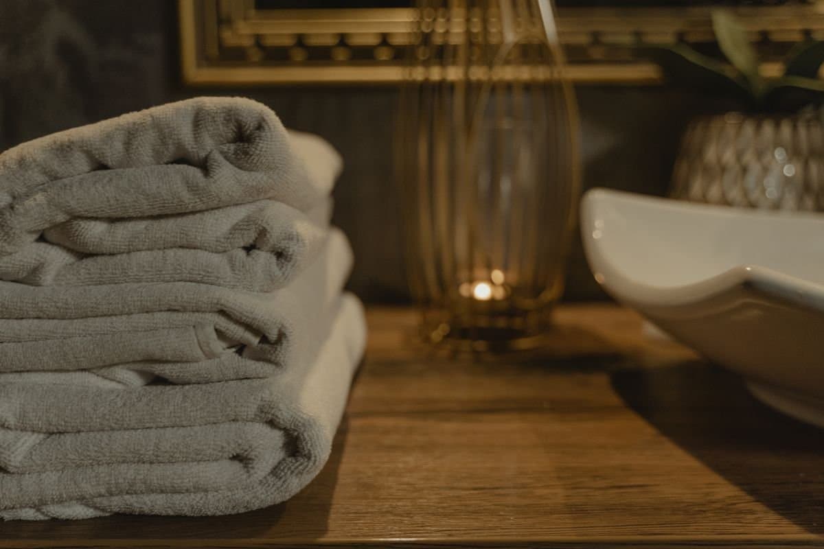 Folded grey hand towels