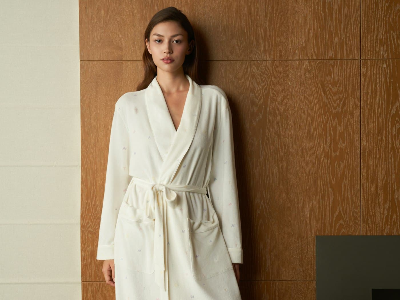 Ivory velour bathrobe with tie belt