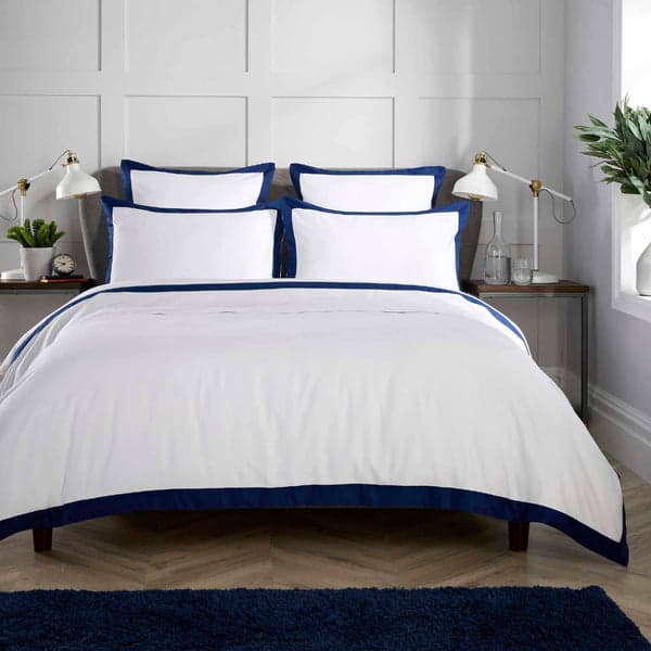 White duvet set with navy banded edge