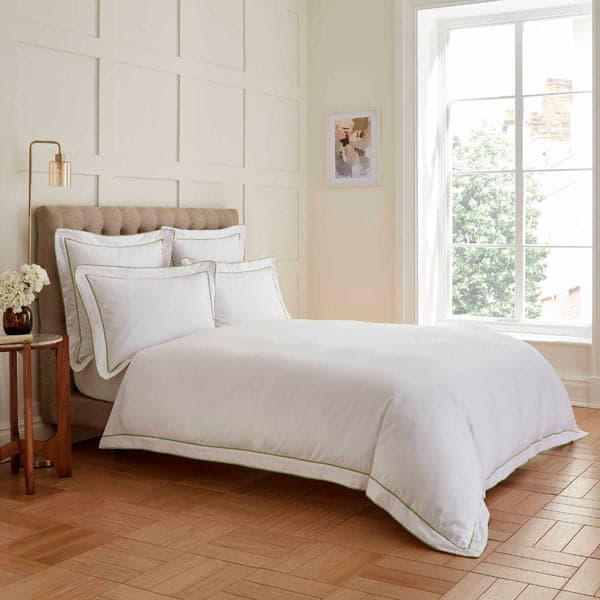 White duvet set with sage green double tape edge