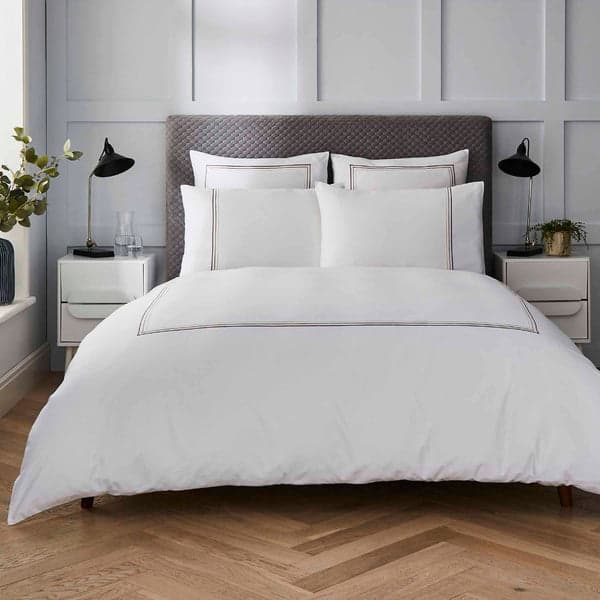White duvet set with latte triple row cord embroidery
