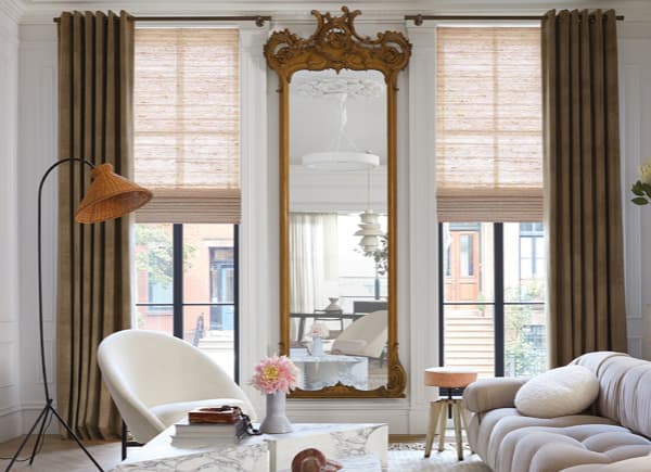 Camel velvet grommet drapes in a living room