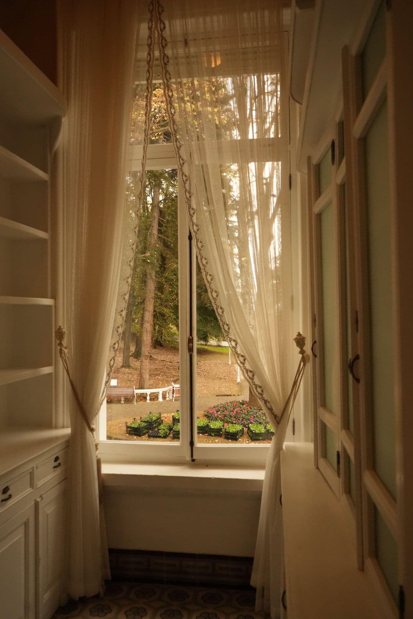 Sheer drapery tied back over a sunlit garden window