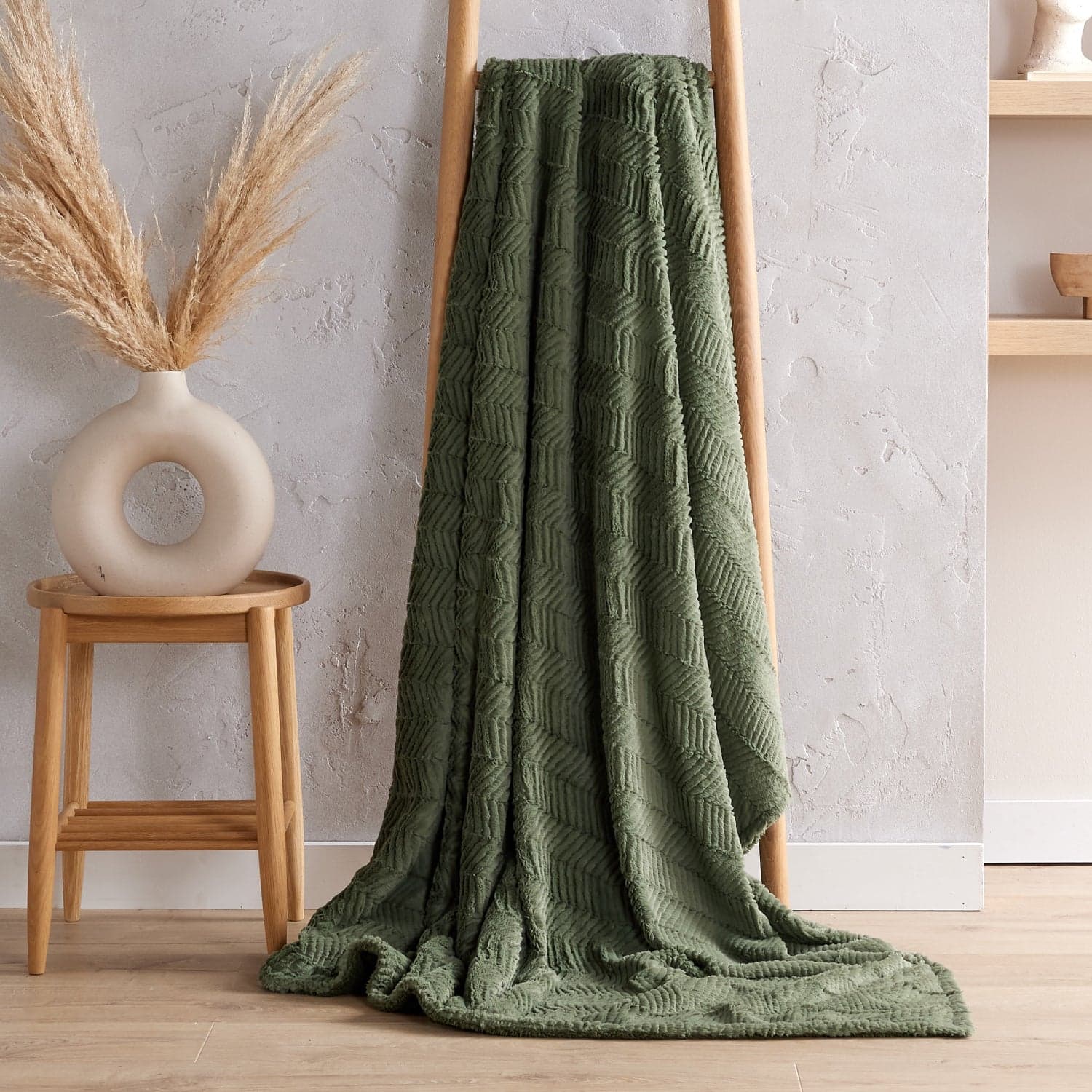 Olive green herringbone faux-fur sherpa throw