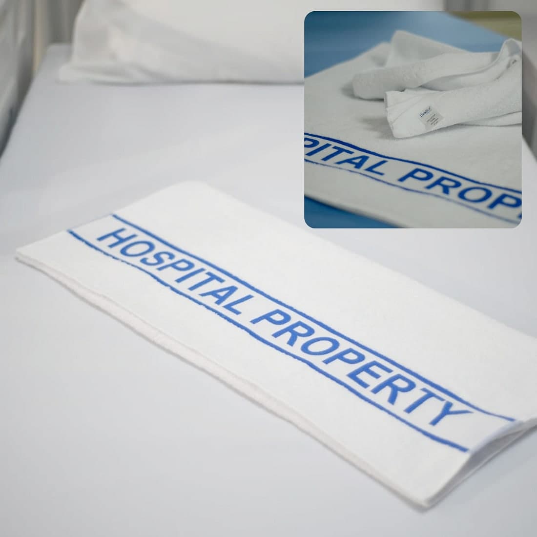 A hospital-property cotton towel on a bed