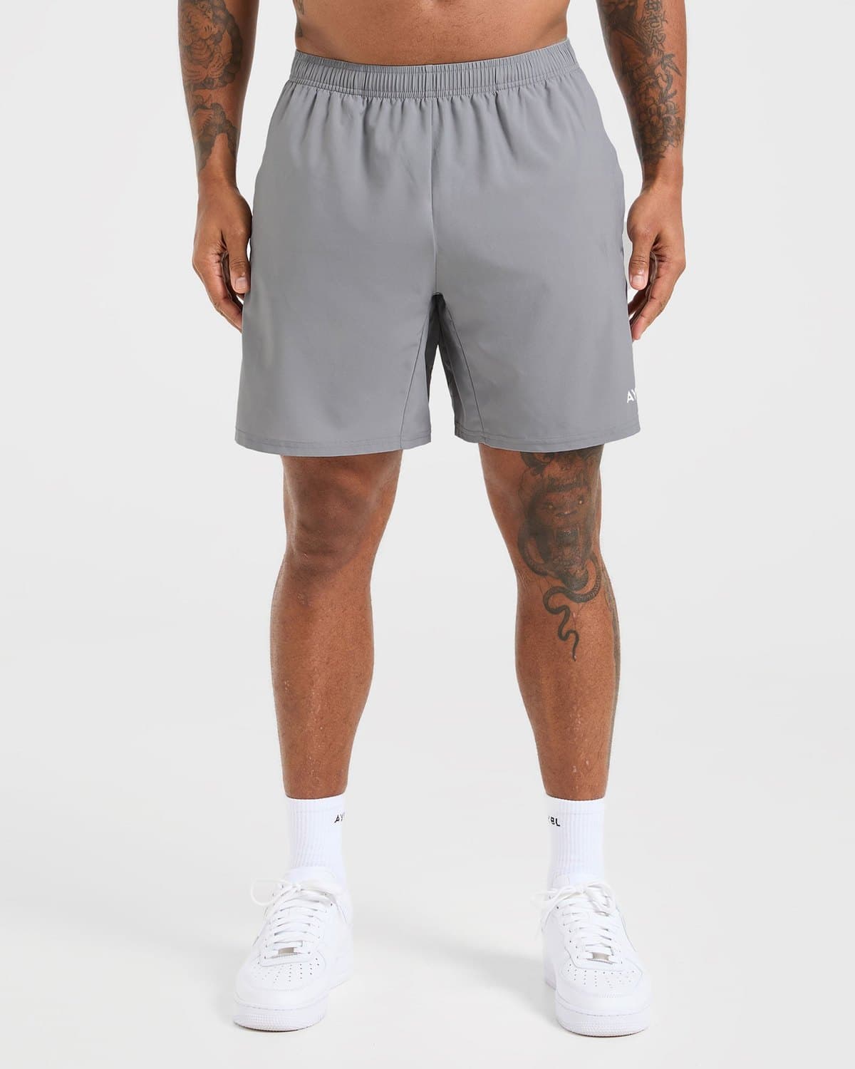 Male model in grey Core training shorts