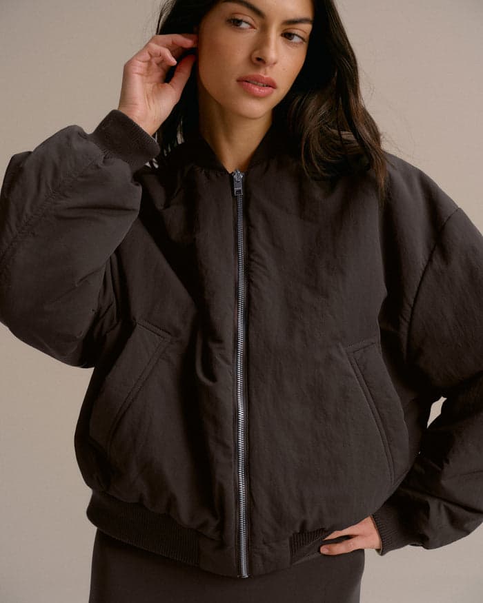 Coffee drop-shoulder reversible bomber
