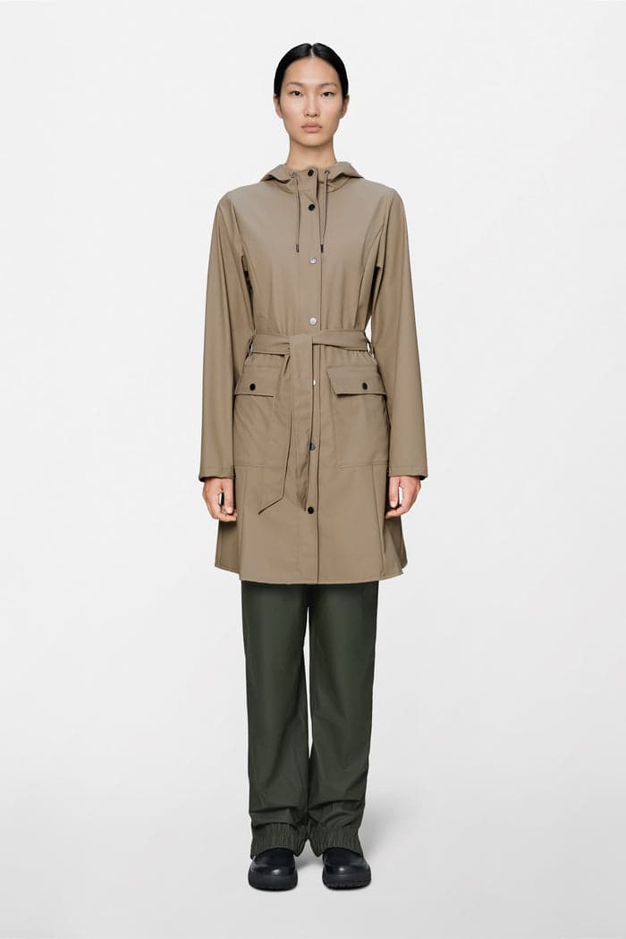Taupe curved long rain jacket