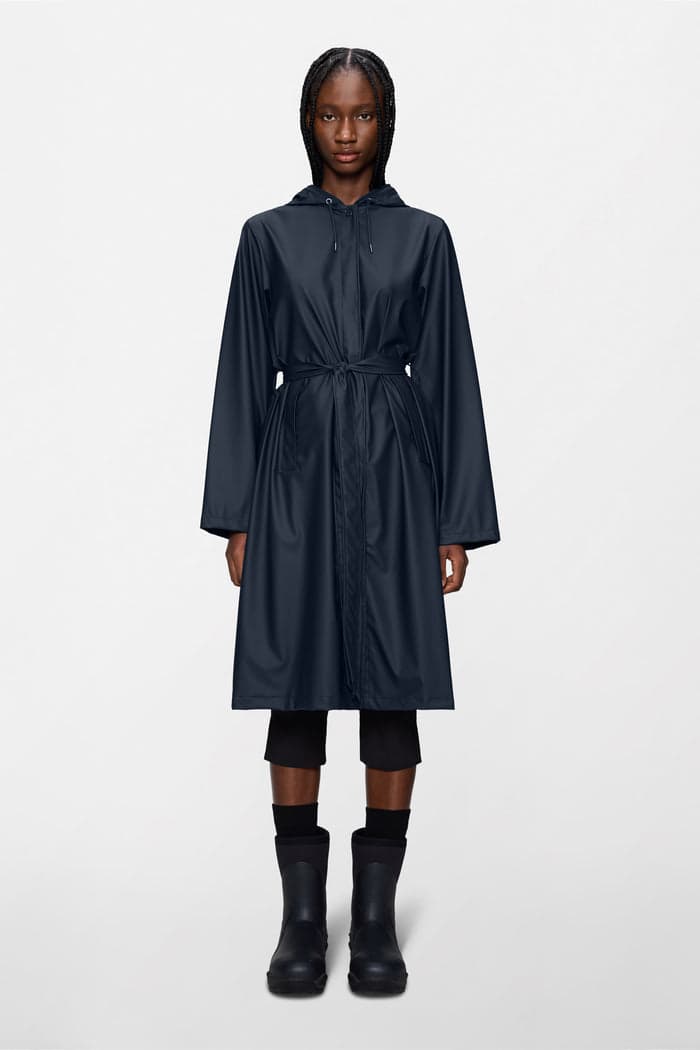 Navy A-line belted rain jacket
