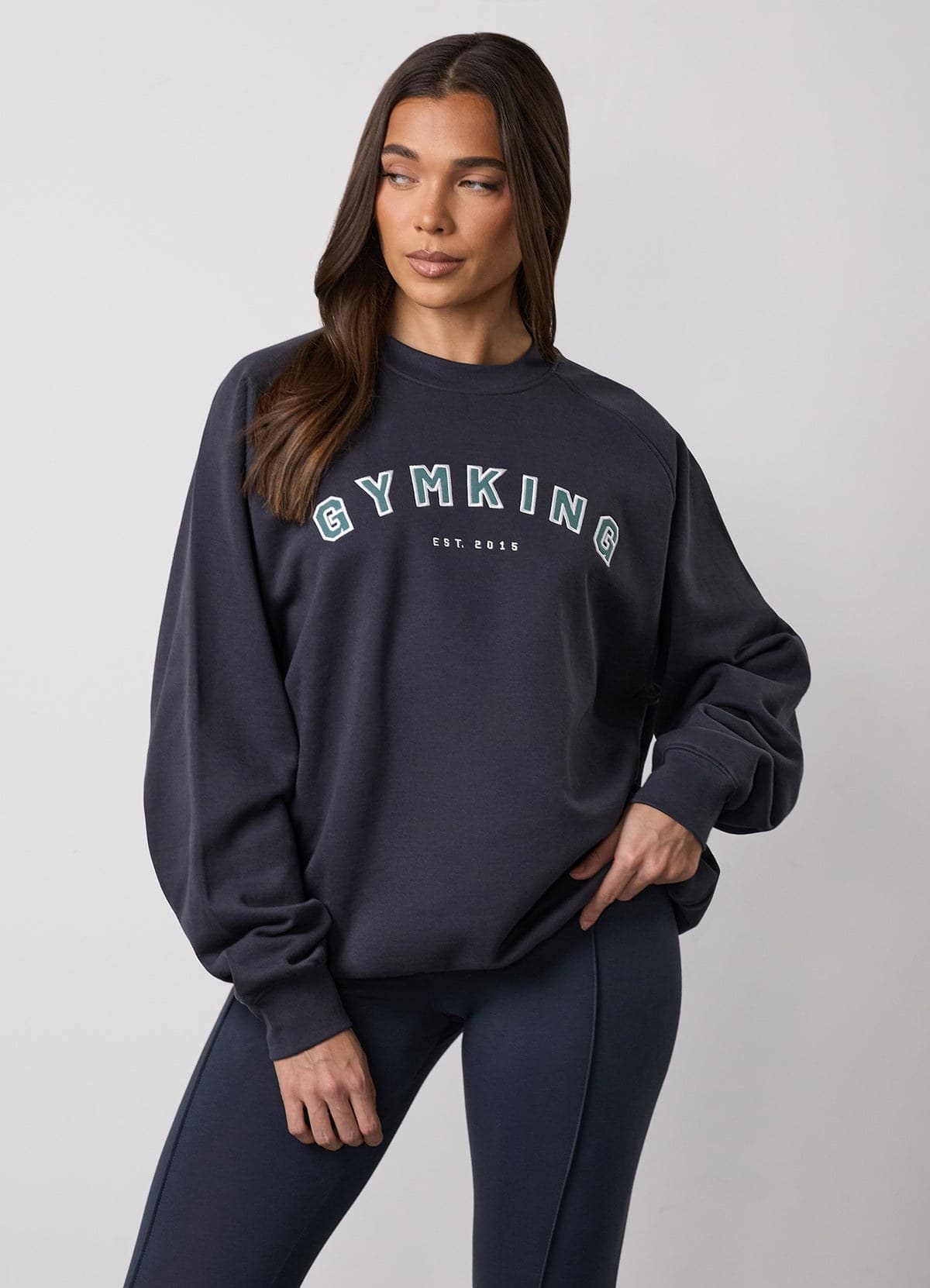 Midnight blue oversized training crew on model