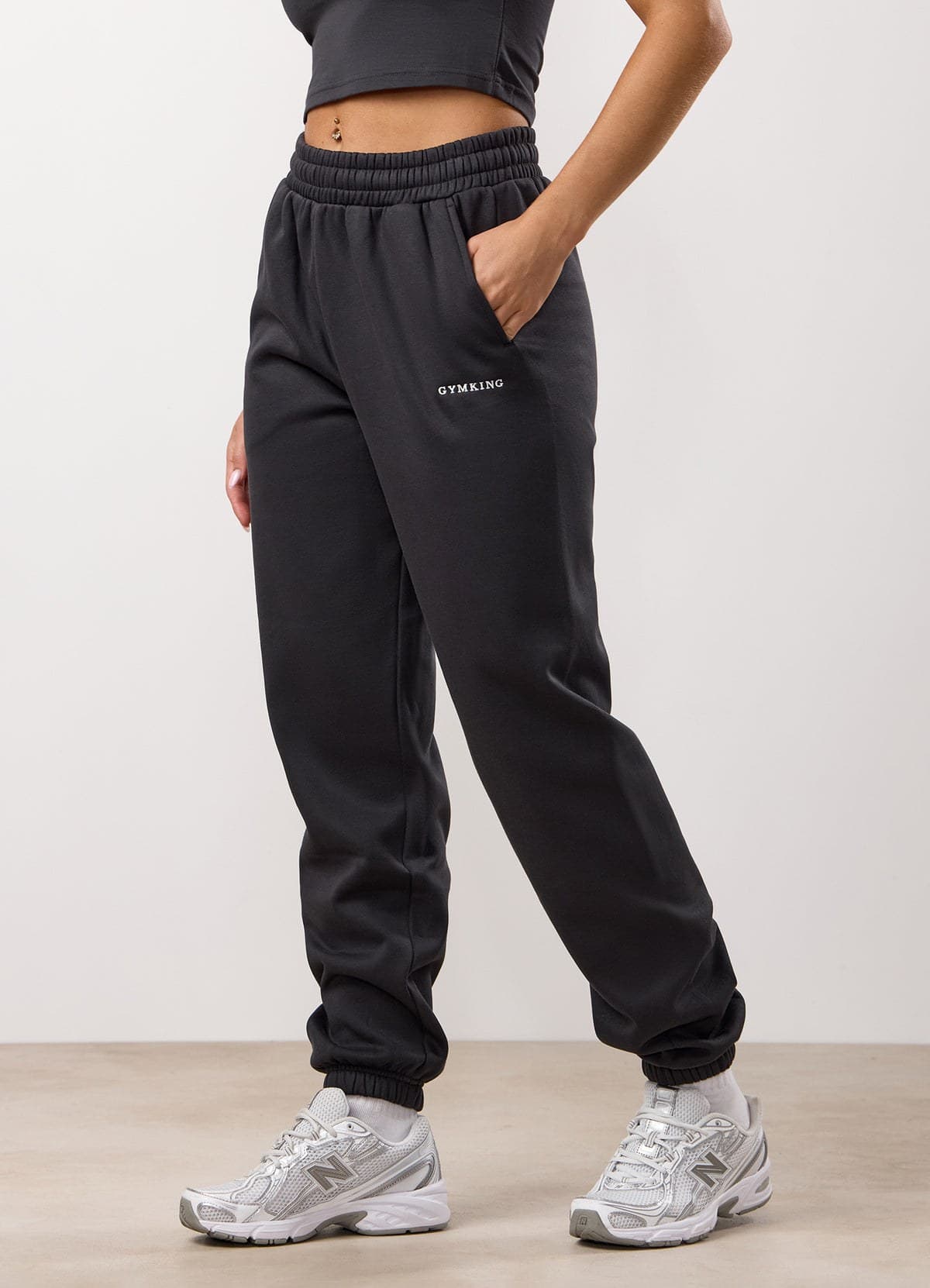 Dark pewter boyfriend training jogger on model