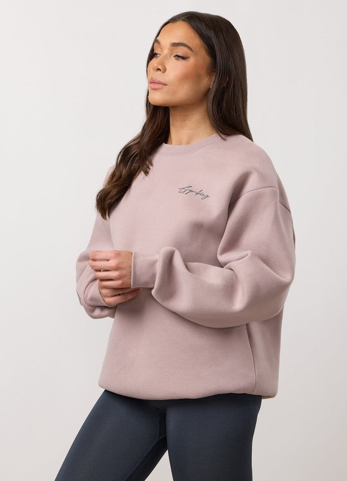 Pink taupe relaxed-fit training crew on model