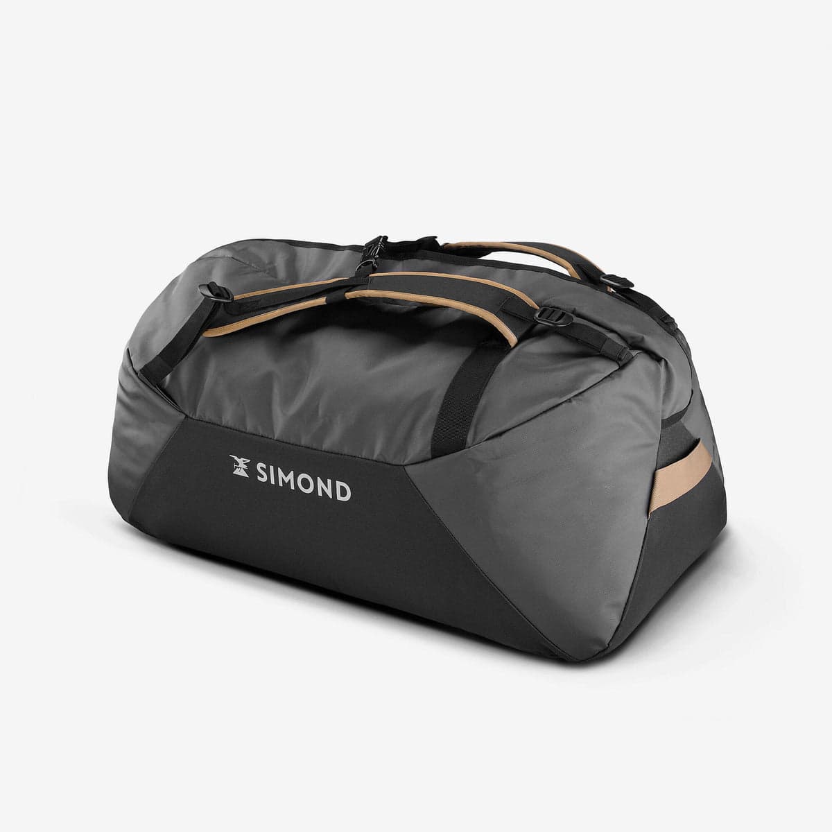 A grey and black extendable duffel bag