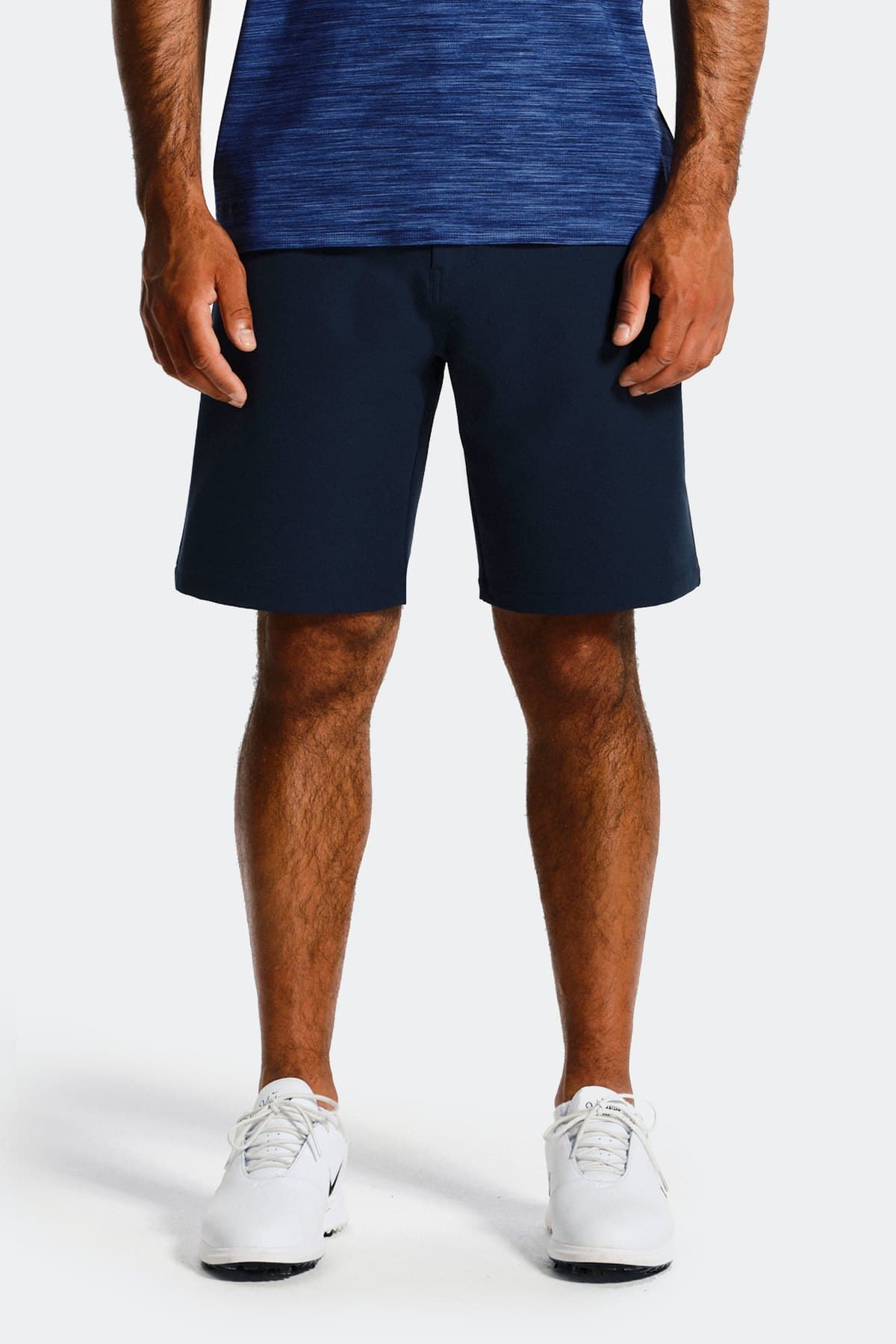 Male model in navy technical training shorts