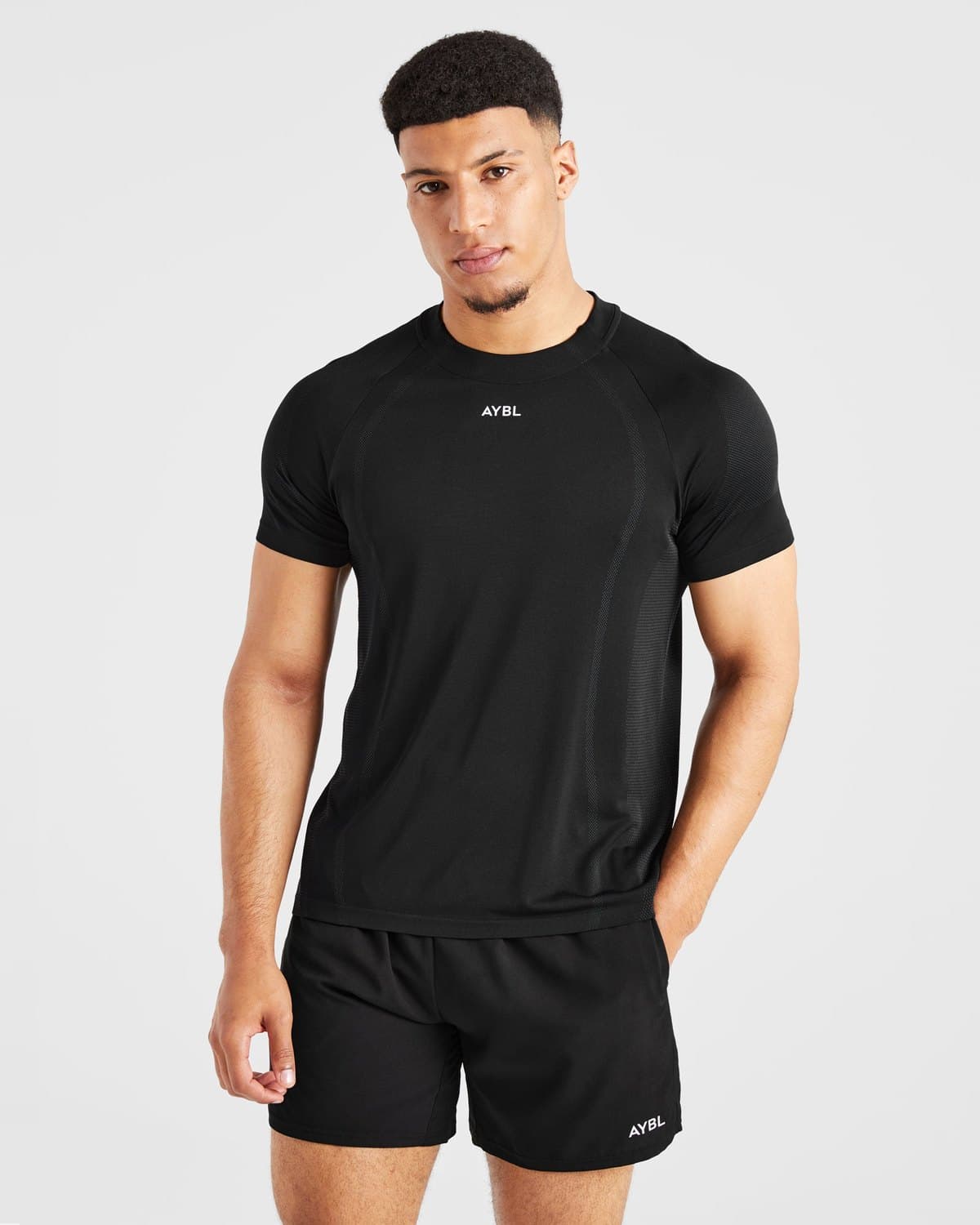 Male model in a black seamless performance t-shirt