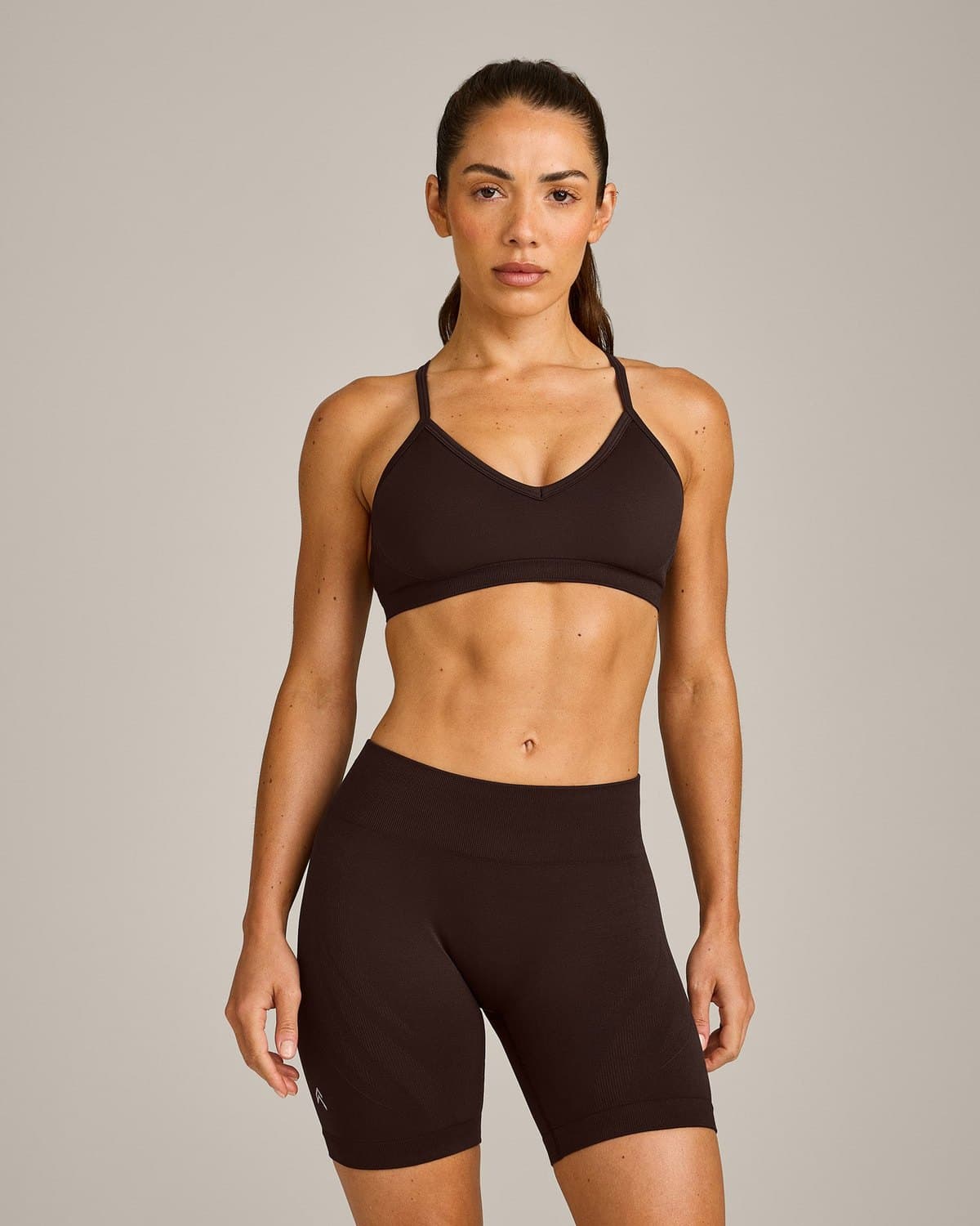 Female model in a mocha seamless set