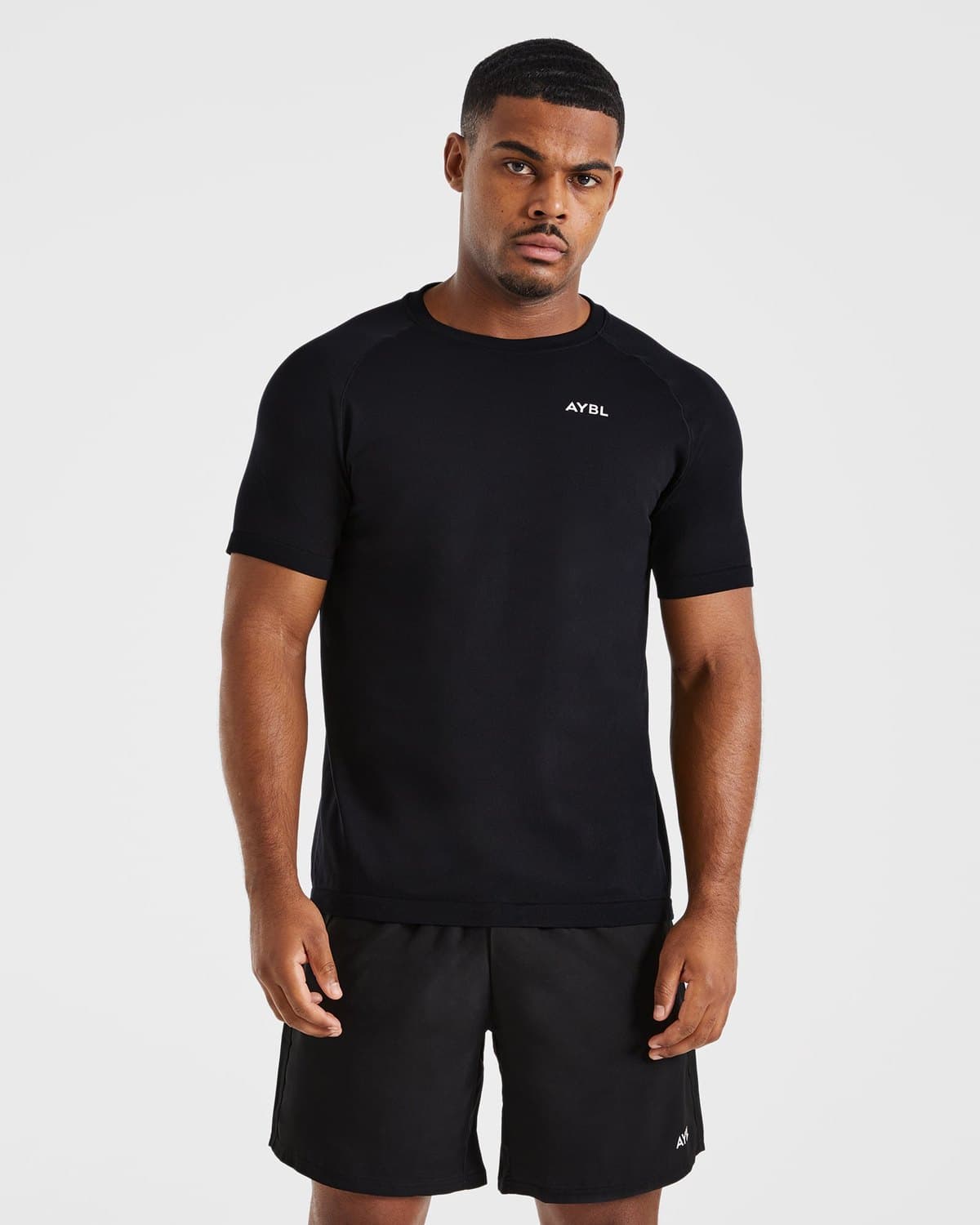 Male model in a black performance seamless t-shirt