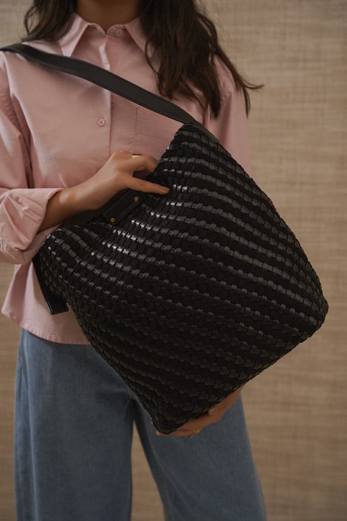 Black woven leather tote