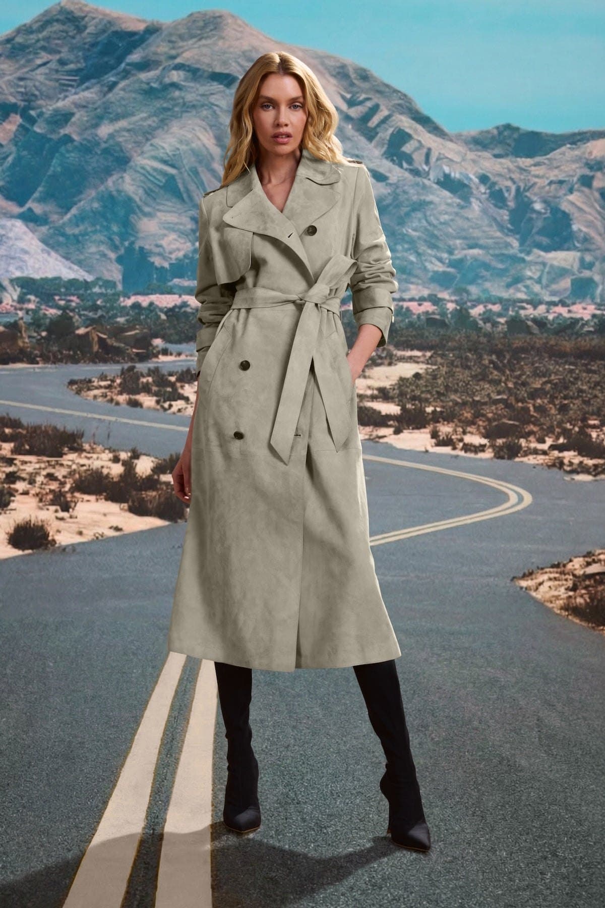 Model in a sage suede trench coat