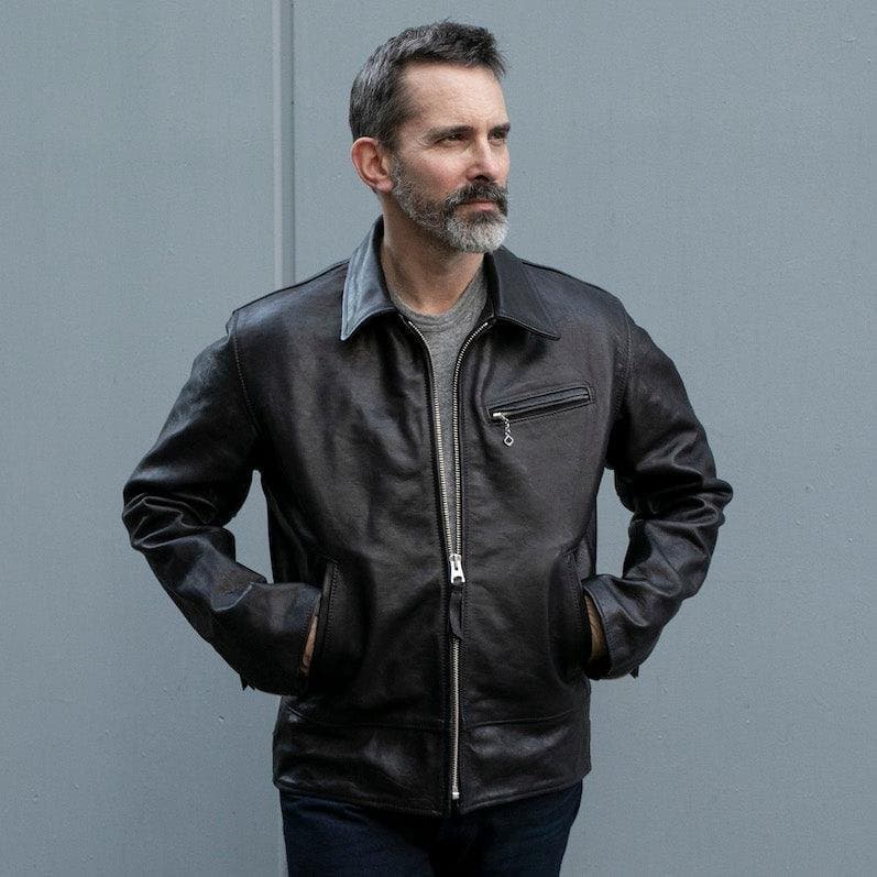 Model in a black horsehide riders jacket