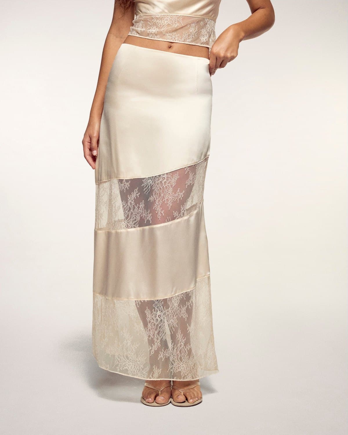 Champagne satin maxi skirt with lace panels