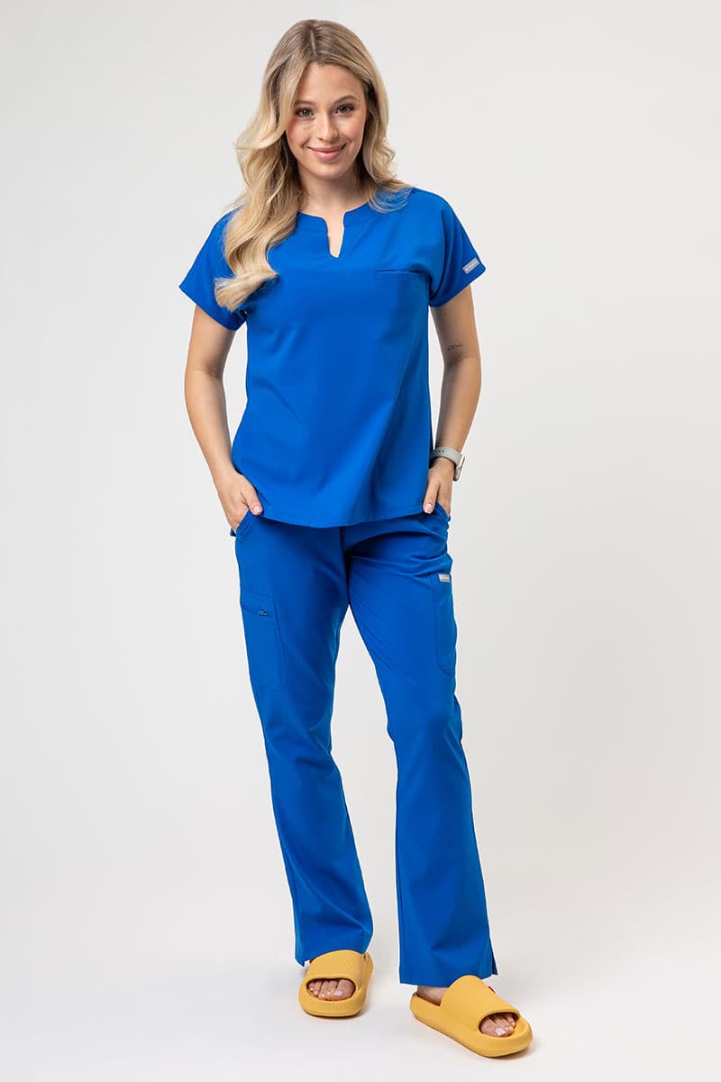 Royal blue medical scrub set on model