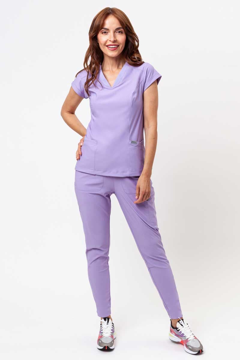 Lilac medical scrub set on model